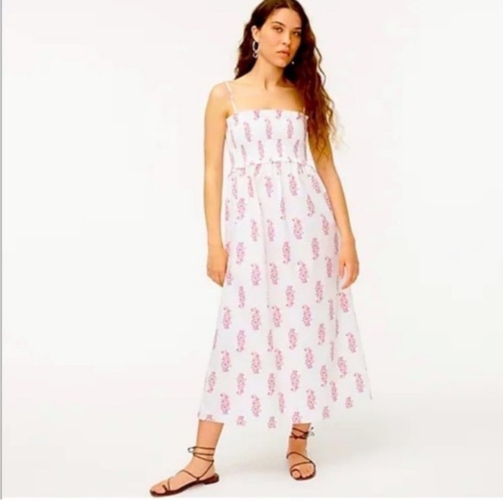 NWOT J. Crew Smocked Cotton Poplin Maxi Dress, L, White
